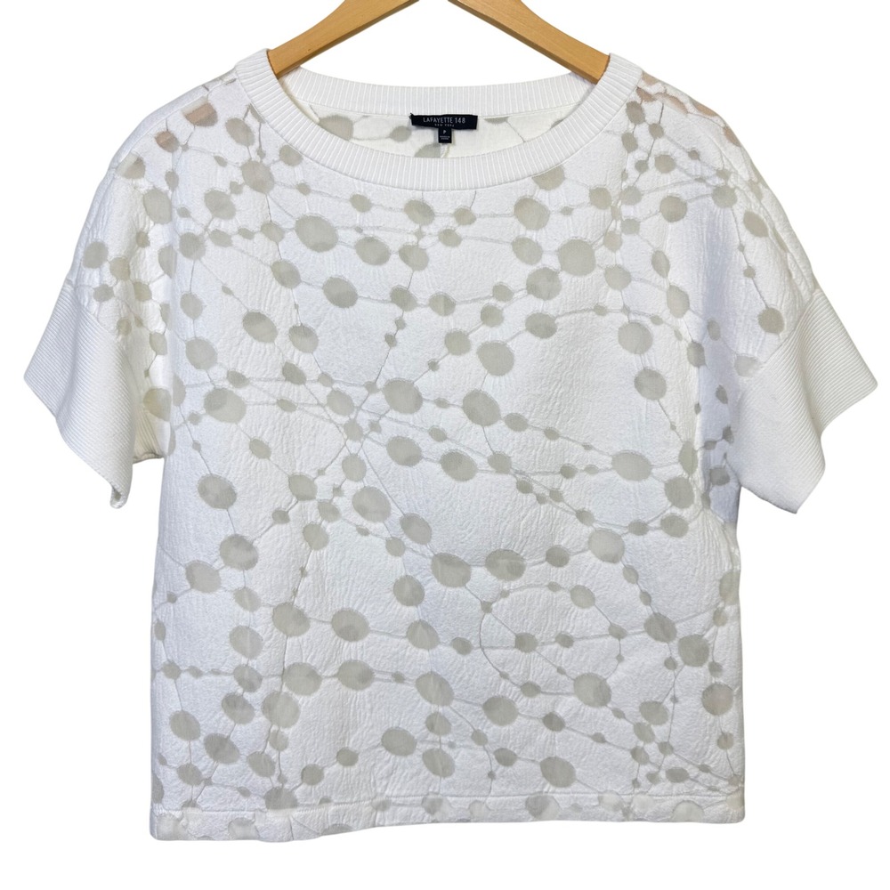 Lafayette 148 Womens Top Small Petite White‎ Textured Mesh Dot Short Sleeve